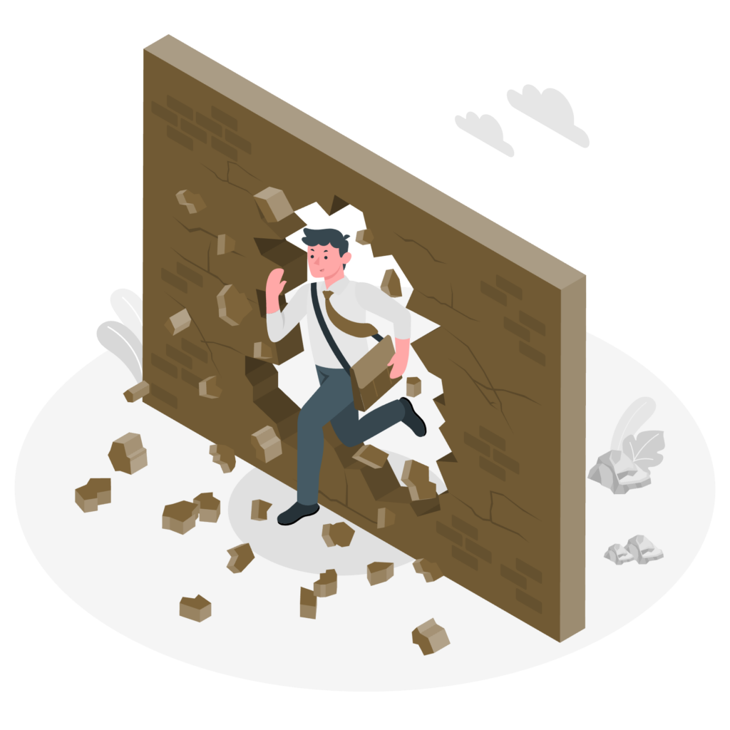 Illustration of a tech virtual assistant helping a business owner break through obstacles, symbolizing streamlined workflows, efficient systems, and problem-solving support.