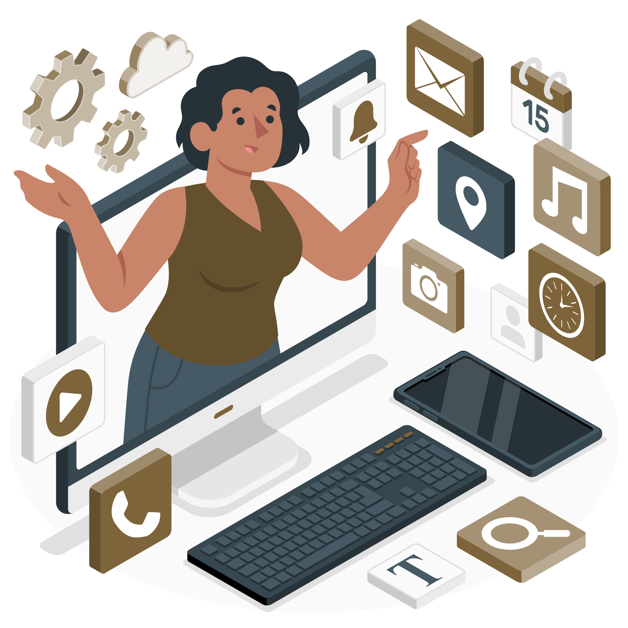 Illustration of a woman emerging from a computer screen, interacting with floating digital icons representing email, notifications, cloud storage, settings, and multimedia. The scene symbolizes digital marketing, virtual assistance, and online business solutions.