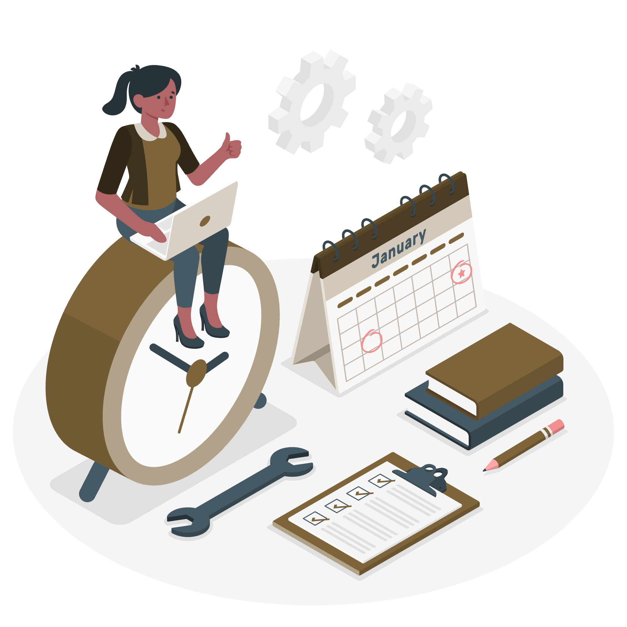 Illustration of a woman sitting on a large clock with a laptop, giving a thumbs-up. Surrounding her are a calendar, books, a checklist on a clipboard, a wrench, and gears, symbolizing time management, productivity, and effective project planning.